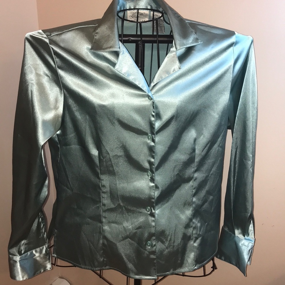Kathie Lee Collection Satin Button-Front Blouse in Teal
